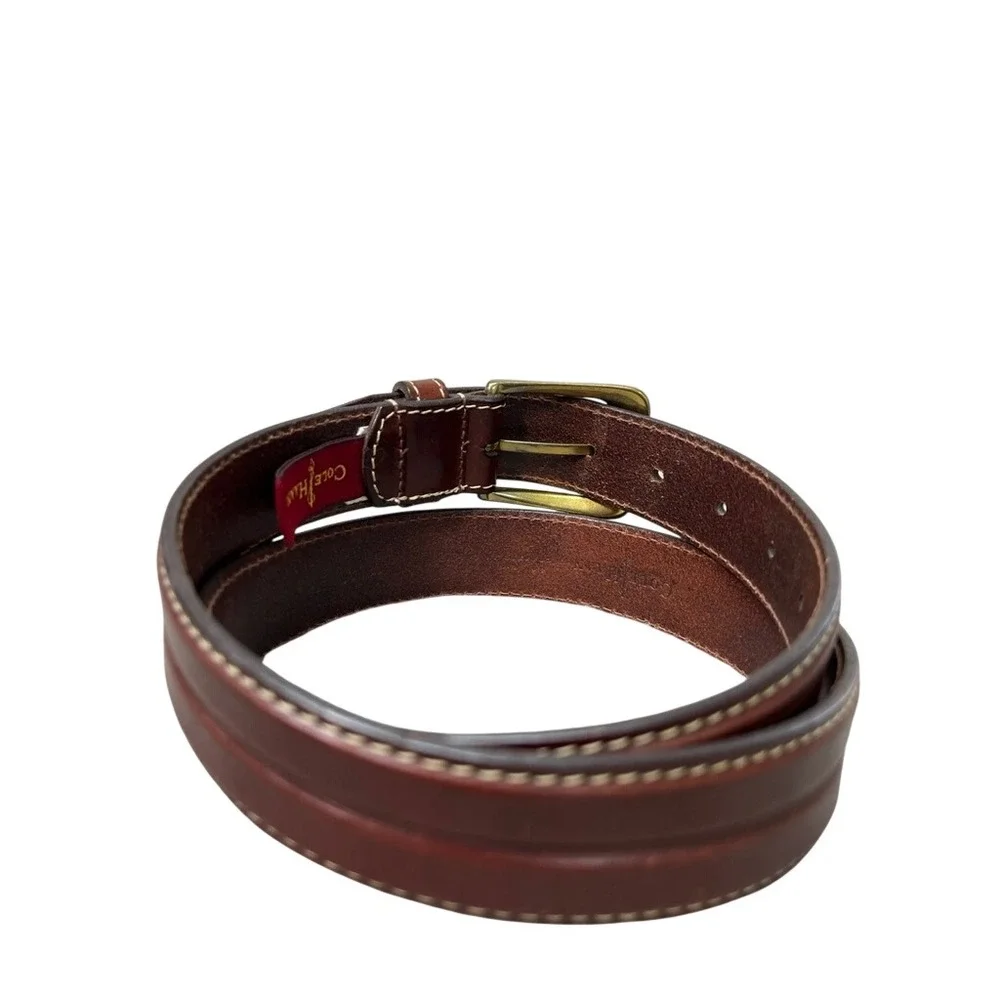 Cole Haan Mens Brown Leather Belt Solid Brass Buckle Crafted in England Size 34